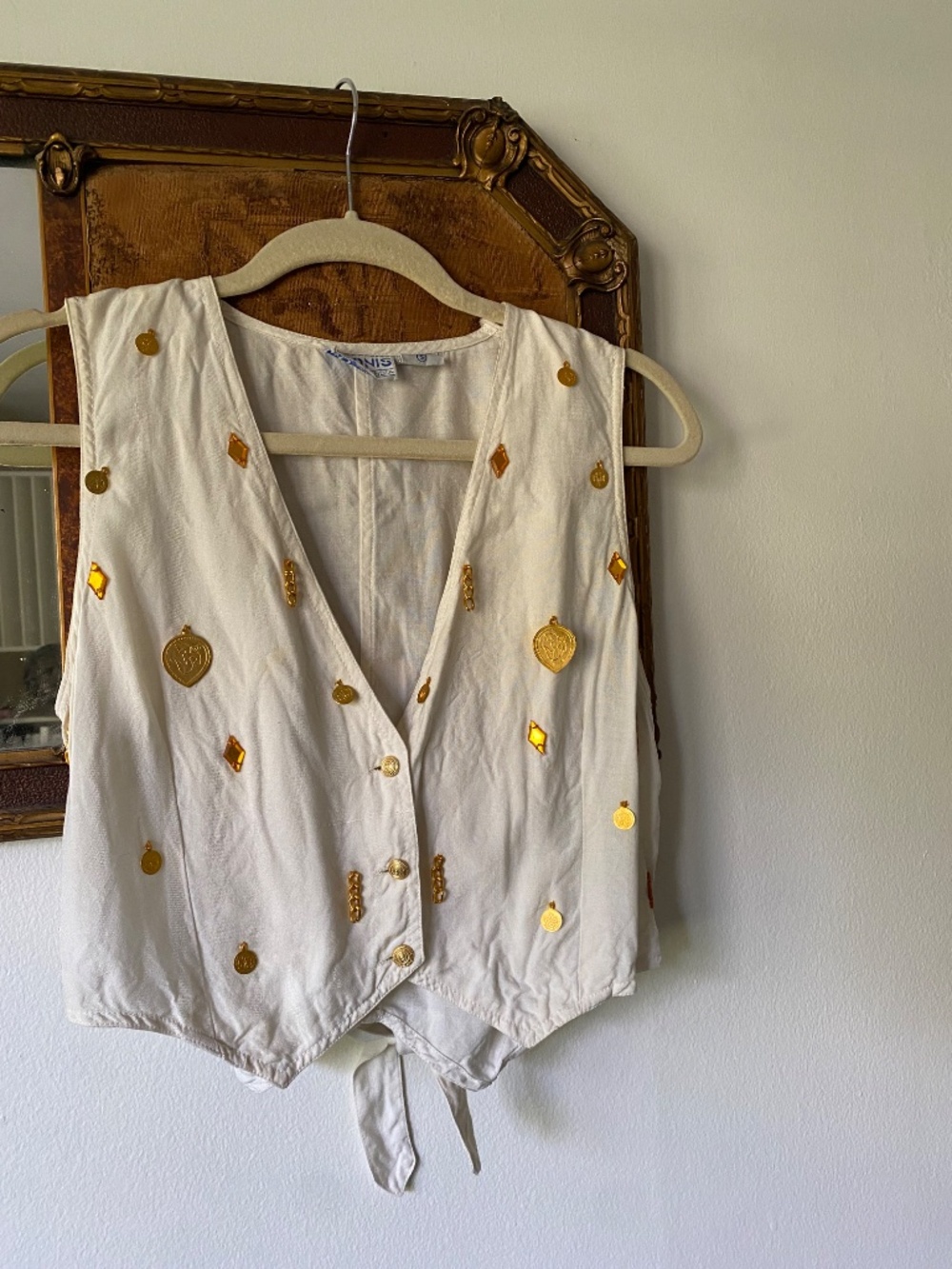 Vintage 1980s Cream Gold Charm & Gem Embellished Vest Boho Festival Small
